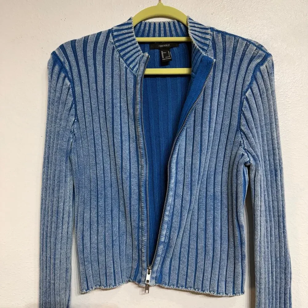 Forever 21 Blue Ribbed Full Zip Sweater Cropped Mock Neck Zip Up Sz L